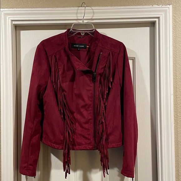 Black Rivet Women's Burgundy Fringe Jacket - Picture 4 of 6